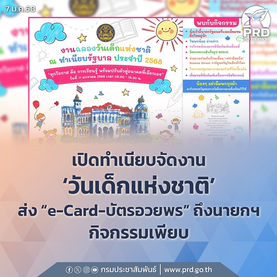 สำนักเลขาธิการนายกรัฐมนตรี เตรียมจัดงานฉลองวันเด็กแห่งชาติ ประจำปี 2568 ในวันเสาร์ที่ 11 มกราคม 2568 ตั้งแต่เวลา 08.00 - 15.00 น. ณ ทำเนียบรัฐบาล เพื่อส่งมอบความสุขให้กับเด็กและเยาวชน โดยนางสาวแพทองธาร ชินวัตร นายกรัฐมนตรีจะเป็นประธานในพิธีเปิดงานและร่วมกิจกรรมกับเด็กและเยาวชนที่มาร่วมกิจกรรม นอกจากนี้ ยังได้จัดกิจกรรมให้เด็ก ๆ ร่วมส่งข้อความ &ldquo;อยากบอก #นายกฯ แพทองธาร&rdquo; ผ่านทาง https://forms.gle/dY8RzbMrPexSsv8j9 ในรูปแบบใดก็ได้ เช่น e-card รูปถ่ายการ์ด คลิป ตั้งแต่วันนี้ ถึงวันที่ 9 มกราคม 2568 ท